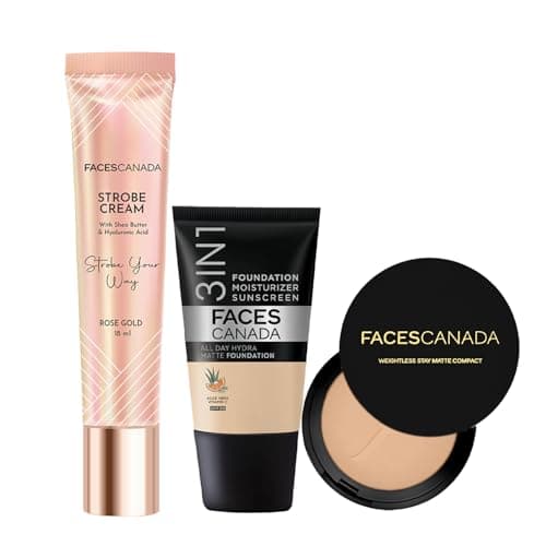 FACES CANADA Iridescent Combo - Strobe Cream - Rose Gold (18 ml) + Weightless Stay Matte Compact Powder - Beige 03 (9 gm) + Hydra Matte Foundation - Absolute Ivory 012 (18 ml) | Illuminating & Glowing