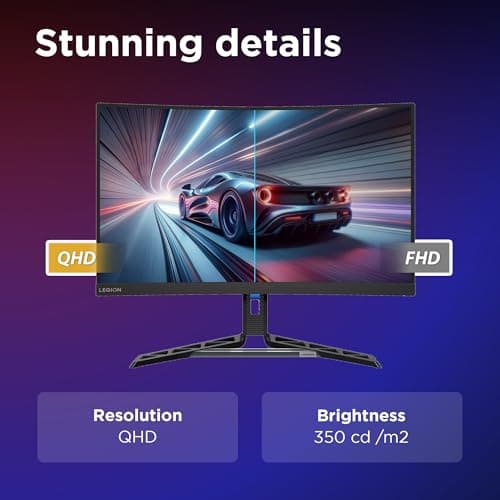 Lenovo Legion-R27qc-30 | 27" (68.5cm) QHD 180Hz Curved Gaming Monitor | 0.5ms, AMD FreeSync, 99%sRGB, 3Wx2Speaker, 2xHDMI 2.1 TMDS, 1xDP 1.4 (HBR3)|Tilt, Swivel, Pivot, Height Adjust|Black| 67C6GAC2IN 3