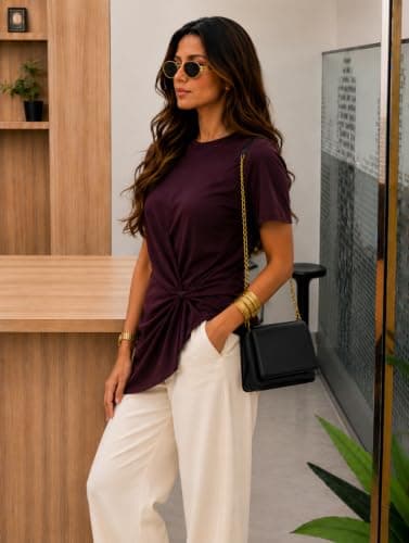 Zilcon Women's Plum Twist-Knot Asymmetrical Trendy T-Shirt for Women & Girls(Wine_M (m)) 4