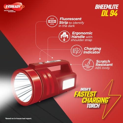 Eveready Bheemlite DL94, 4W Rechargeable LED Torch & 4W Sidelight, USB Type-C Fast Charging, 4 Light Modes, Overcharge & Deep Discharge Protection, Shoulder Strap Included, Powered by Li-ion Battery 3