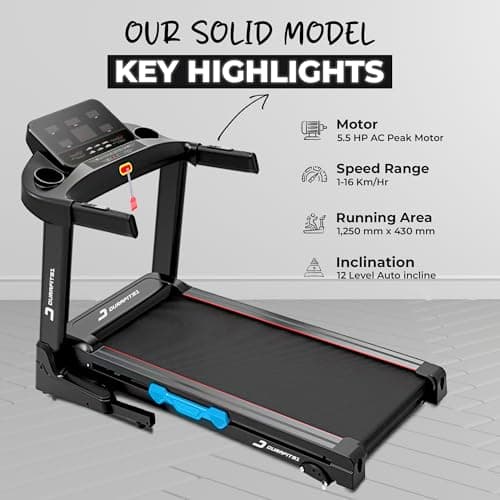 Durafit91™ Solid 5.5HP Peak AC Motorized Treadmill | Max User Weight 130 Kg | 12 Level Auto Incline | Max Speed 16 Km/Hr | Gel Absorption Technology |DIY 3
