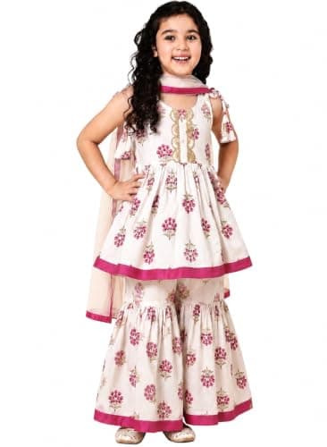 A.T.U.N. (ALL THINGS UBER NICE) Girls 100% Cotton Kurti Sharara Set with Dupatta | Traditional Ethnic Wear Outfit for Kids | Soft Breathable Printed Kurti with Comfortable Sharara Set for Girls