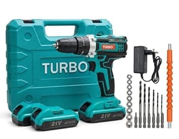 Turbo 21V Cordless Drill Machine Kit with 2 Rechargeable Batteries, Charger, Drill Bits & Socket Set | Electric Screwdriver for Home DIY, Wood, Metal & Wall Drilling