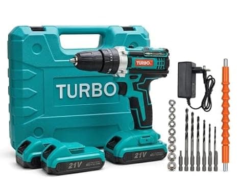 Turbo 21V Cordless Drill Machine Kit with 2 Rechargeable Batteries, Charger, Drill Bits & Socket Set | Electric Screwdriver for Home DIY, Wood, Metal & Wall Drilling