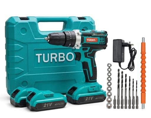 Turbo 21V Cordless Drill Machine Kit with 2 Rechargeable Batteries, Charger, Drill Bits & Socket Set | Electric Screwdriver for Home DIY, Wood, Metal & Wall Drilling