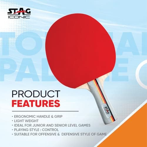 STAG ICONIC Tournament Table Tennis (T.T) Racket for Beginner | Advanced TT Racquets| Grip Designed Comfortable Wooden Table Tennis Bat | 6-Ply Plywood Blade | Black/Red 3