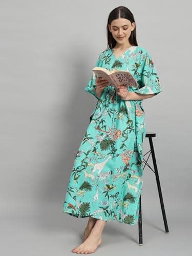 Ravaiyaa - Attitude is everything Women's 100% Cotton Printed Kimono Sleeves V-Neck with Adjustable Drawstring Long Kaftan (Turquoise) 2