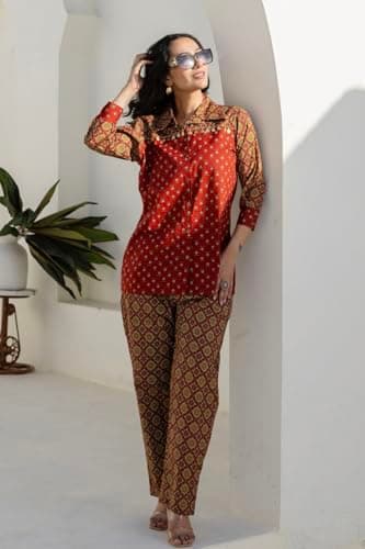 KOHSH Rust Embellished Shirt with Contrast Pants Co-ord Set (S_Rust) 3