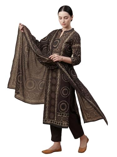 INDO ERA Women's Pink Cotton Blend Solid Self Design Flared Fusion Kurta & Pant with Dupatta Set