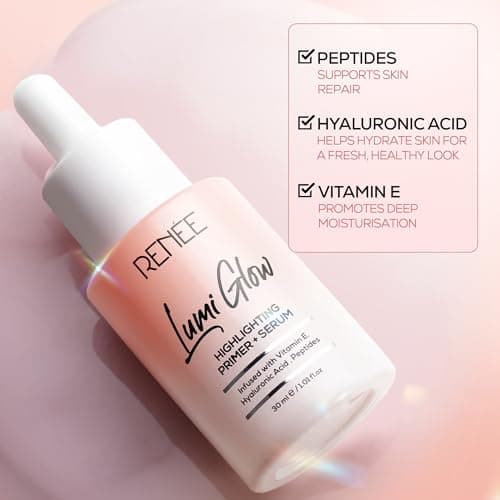 RENEE Lumi Glow Highlighting Primer + Serum | Hydrates, Promotes Even Skin Texture | Gives Luminous, 3D Glow | With Hyaluronic Acid, Peptides & Vitamin E | Base For Face Makeup | 30ml 5
