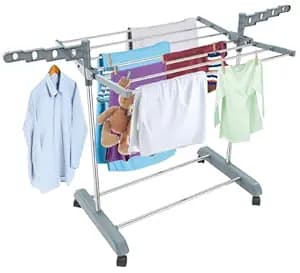 LiMETRO STEEL Single Pole Cloth Drying Stand Foldable and Portable with Wheels and 360 Rotating Hangers