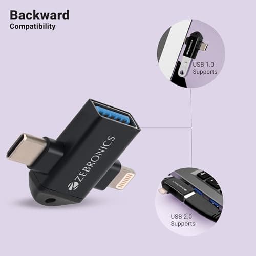 ZEBRONICS OTG2, 2 in 1 Lightning | Type C - USB OTG Converter, USB 3.0, Backward Compatible, Speeds Upto 5Gbps, Compatible with iPhone, iPad, Android, Laptop 5