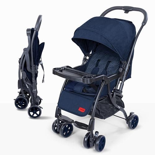 Luvlap Sunshine Plus Stroller/Pram with Reversible Handlebar, 5 Point Harness, 3 Level Recline Adjustment, Compact and Easy Fold, for Newborn Baby/Kids, 0-3 Years (Blue)