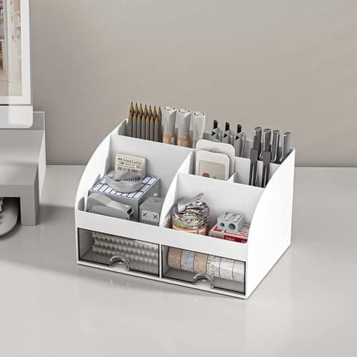 Styleys Desk Organiser with 6 Compartments & 2 Drawers | Desktop Stationery Storage Box for Pens, Staplers, Clips, Sticky Notes, Mobile Holder | Office & Study Table Organizer - W3505,White 2