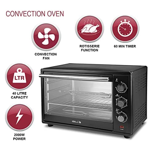IBELL Electric Oven Toaster Grill 40L OTG with 1800 Watt, Convection & Motorized Rotisserie, Multiple heating options, 2 Year Warranty, EO40LGDLX (Black) 3