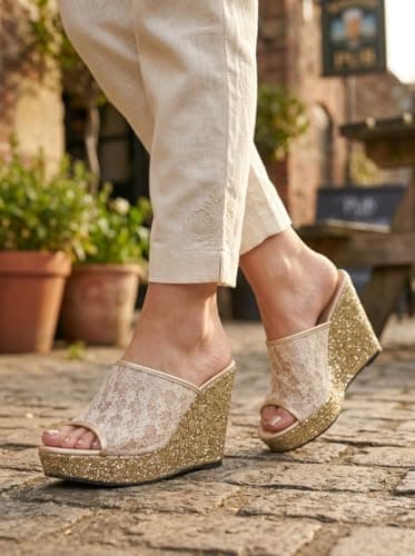 Uunda Fashion Women Gold Glitter Wedge Heel Sandals Lace Strap Open Toe Slip On Platform Party Use Fashion Heels for Wedding Evening Ethnic Use WD-5190-V3_37 4