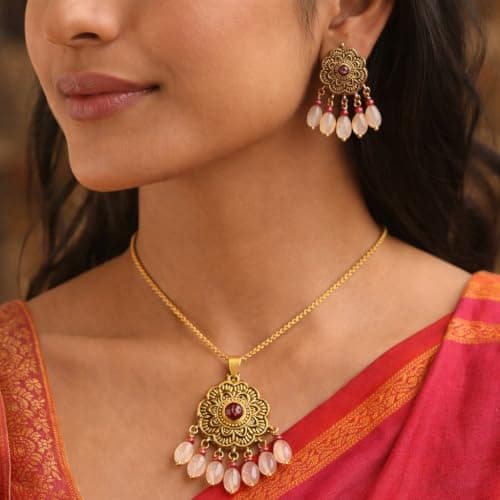 KANISHK JEWELLERS Antique Gold Finished Sterling Silver Jewelry Set with Pendant and Bead Earrings 3