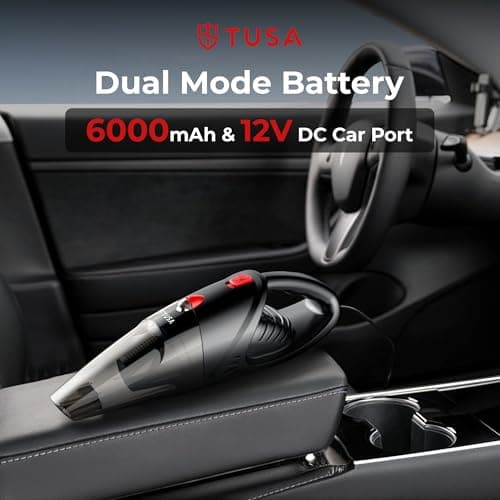 Tusa Cordless Vacuum Cleaner for Car & Home | 2X Powerfull Suction, Dual Mode Battery 6000mAh & 12V DC Car Port | High Power Portable Lightweight Wireless Vacuum, Rechargeable (V1) (Black) 5