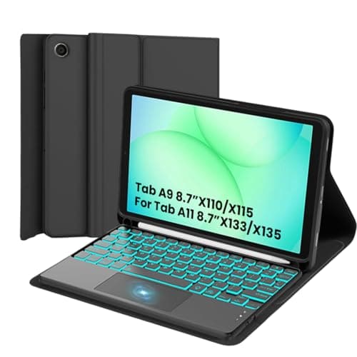 TECPHILE Wireless Keyboard Case for Samsung Galaxy Tab A11 8.9" 2025 Galaxy Tab A9 with Multi-Gesture Trackpad, 7 Color Backlit, Magnetically Detachable Keyboard, Pencil Holder Folio Cover