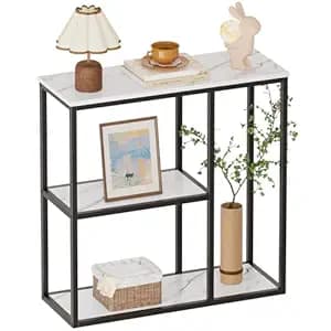 WOHOMO Console Table, 12 Inch Narrow Entryway Table for Living Room, 31.5 Inch Modern Industrial Sofa Table with 3-Tier Storage Shelves for Corridor, Hallway, White Marble