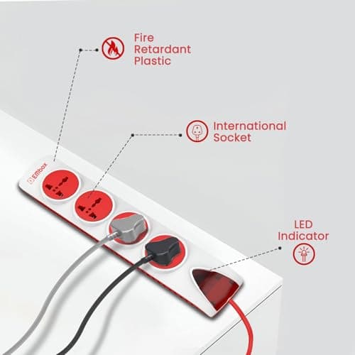 EMBOX Extension Board with Switches 1500 W, 4 Universal Sockets, Master Switch, Safety Shutter, 6 amp Spike Guard, LED Indicator and Safety Shutter, 2 Meter Extension Cord 3