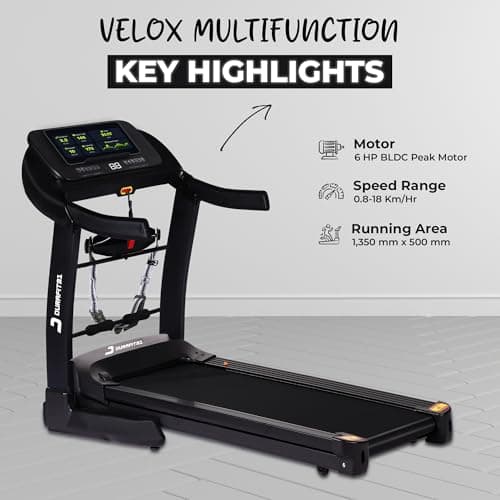 Durafit91™Velox Multifunction 6 HP Peak BLDC Hydraulic Foldable Treadmill| Max User Weight 150 Kg| Running Surface : L -1350mm & W -500mm |18 Km/Hr Max Speed| Bluetooth Speaker | Wynd app | Home use 3