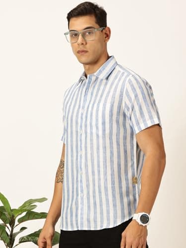 Thomas Scott Mens Half Sleeves Cotton Linen Striped Casual Shirt (TS1375_Blue, S) 2