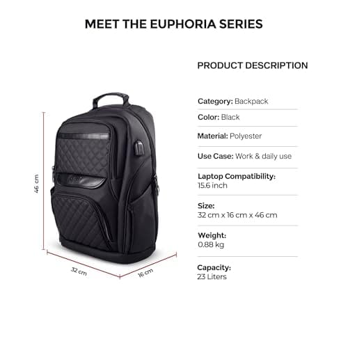 Timus Berlin Black Professional Laptop Bag for Men & Women 23 L with 15.6 Inch Laptop Compartment | Water resistant with USB Port Anti-Theft Backpack| Premium Polyester Fabric 3