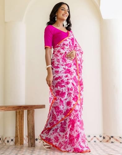 SIRIL Women's Chiffon Floral Printed Saree with Unstitched Blouse Piece (4473S236_White & Pink) 3