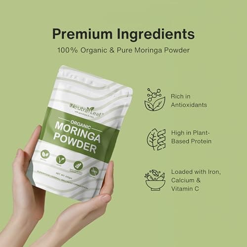 Neutraleaf Organic Moringa Powder | Drumstick Leaves Powder for Immunity | Rich in Iron, Calcium & Plant Protein | Superfood for Hair Growth & Glowing Skin | Non-GMO, Vegan | Resealable Bag | 200g 3