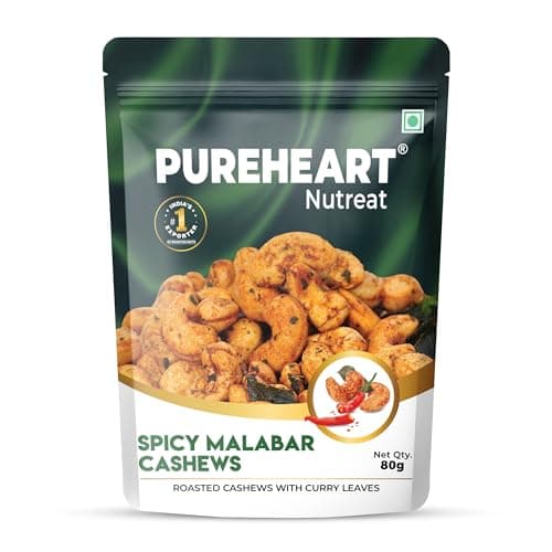 Pureheart Spicy Malabar Cashews 80g | Roasted Masala Kaju with Curry Leaves | Premium Crunchy Flavored Cashew Nuts | Healthy Snack, Protein Rich Dry Fruits | Spicy Roasted Nuts Pack