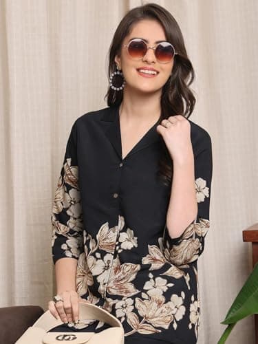 F2G Enterprise Women Co-Ord Set Women 2 Pic Stylish Women's Button Down Cotton Blend Printed Kurta Set, Kurta-Set for Woman – Viscose Rayon Kurta & Plazoo Pant (in, Alpha, XL, Regular, Black) 3