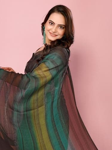 Kaugalian Store Women's Nylon Shimmer Ready to Wear Saree with Ruffled Border and Bangalori Satin Blouse | Rama Color | Nylon with Bangalori Satin Blouse | Ready to Wear Saree | Party and Festive Occa 4