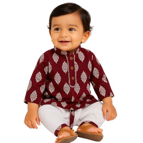 La Petite Baby Traditional Ethnic Wear Organic Cotton Soft and comfortable Dhoti Kurta Set | Diwali Dress for Baby | New Born Ethnic Wear (Maroon, 18-24 Months)