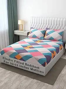 DECOMIZER Cotton Feel Glace Cotton Elastic Fitted Printed King Size Double Bed Bedsheet With 2 Pillow Coverm Fits Upto 10 To 12 Inches Mattress,Size- 72X78X14 Inches,Multirect, 300 Tc