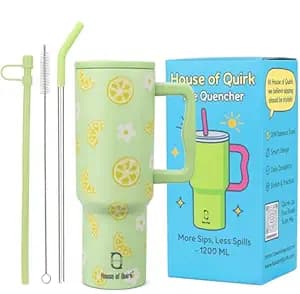House of Quirk 1200ML Stainless Steel Tumbler with Handle & Lid, 2 Straws – Large Travel Mug Water Cup for Gym, Office & Outdoor Use (Green Lemon)