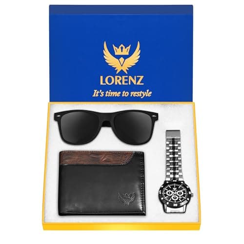 LORENZ Gift Combo Set for Men | Stylish Steel Analog Watch, PU Leather Wallet & UV Sunglasses | Gift Box for Birthday, Anniversary, Corporate Gifting 2