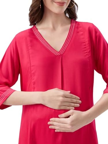 AV2 Maternity Nursing and Feeding Kurta Set | Nursing Zippers | Pre and Post Pregnancy | Raw Silk | Kurta Pant Set | Solid | Pink XXX-Large 5174 4
