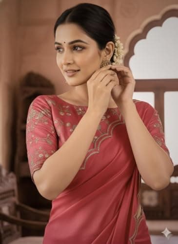 Embroidered Saree with Blouse, Traditional Indian Ethnic, Floral Design (Peach) 3