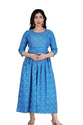 Murli Women's Cotton Floral Printed Maternity Kurti Gown/Feeding Dress A-line Maternity Wear -(Blue-3XL)