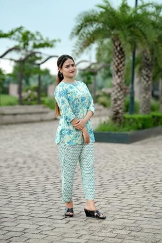 NIVAANI Cotton Night Suit Set for Women – Soft Sleepwear with Shorts | Short Nightwear Set | Comfortable Cotton Pajama Set for Ladies | Summer Night Dress (Blue Rose, M) 2