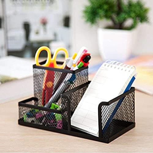 Rukshal enterprise Multi Compartment Metal Mesh Desk Organizer with Pen Holder File Sorter Storage TrayDurable Black Office Supply Organizer for Desk Accessories Stationery Notebooks 3