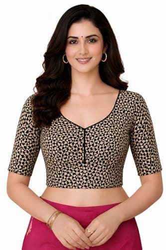 Amazon Brand - Anarva Women's Premium Cotton Trikon Print Strechable Readymade Saree Blouse | U-Neck Ethnic Wear for Festive and Party Look | Katori Cut (Cup-Blouse-trikon-Black-l)