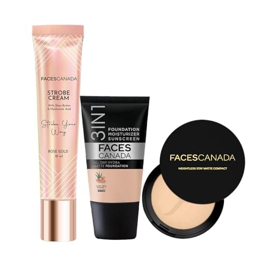 FACES CANADA Luminous Combo - Strobe Cream - Rose Gold (18 ml) + Weightless Stay Matte Compact Powder - Natural 02 (9 gm) + Hydra Matte Foundation - Rose Ivory 011 (18 ml) | Illuminating & Glowing Mak