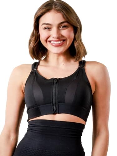 Fabluk Women Polyester Spandex High Impact Front Zip Sports Bra Fitness Criss Cross Back Crop Tops Tank Gym Yoga Workout, Size: M-5XL (in, Alpha, L, Regular, 805-Black)