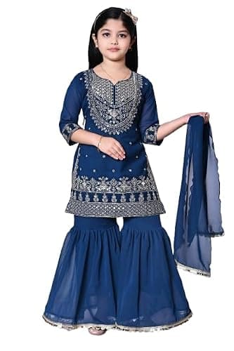 Jbegam Festive & Party Sarara Set Blue Suitable For 12-13 Years