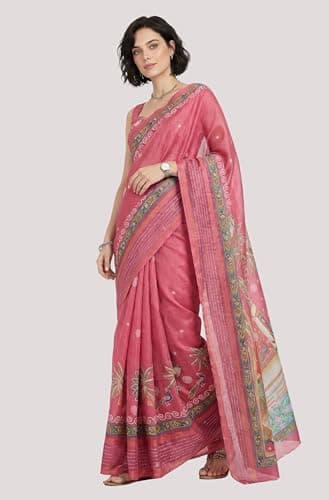 Janasya Women's Pink Silk Blend Ready To Wear Ethnic Motif Printed Saree With Unstitched Blouse 3