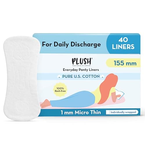 Plush Ultra Thin Panty Liners For Women Daily Use, 40 Liners 155mm | Pure US Cotton Liner Pads For Rash Free Periods | Soft Cotton Surface For Comfort On Non-Period Days | No Toxins & Paraben Free