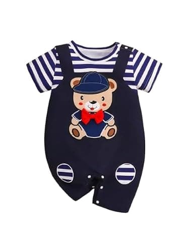 Shree Shyam Creations Baby Boys & Girls Dungaree Set | Soft Cotton Striped T-Shirt with Teddy Printed Dungaree | Comfortable Summer Outfit for Kids | Stylish Infant Clothing (Blue, 3-6 month)