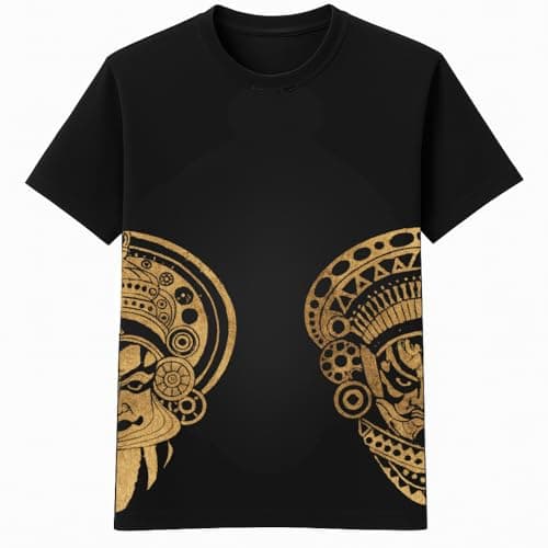 JJANBLISS Kathakali × Theyyam Half Face Handmade Bleach Art T-Shirt for Men | Kerala Folk Art Inspired | Black Cotton Round Neck Tee | Oversized Fit (in, Alpha, L, Regular, Black)